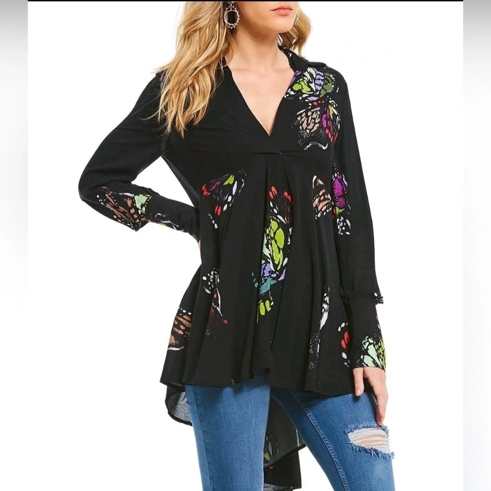 Free People Field Of Butterflies Printed Hi-Low Tunic Black Size S - Picture 6 of 16
